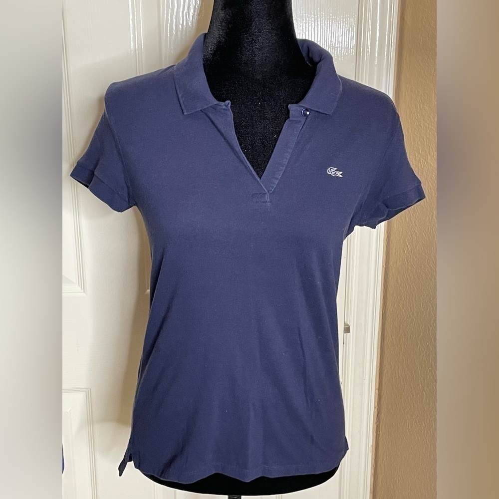 Lacoste Womens Dark blue Knit 1/4 Button Down Solid Polo Top Shirt size 40